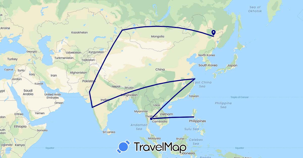 TravelMap itinerary: driving in China, India, Philippines, Thailand (Asia)